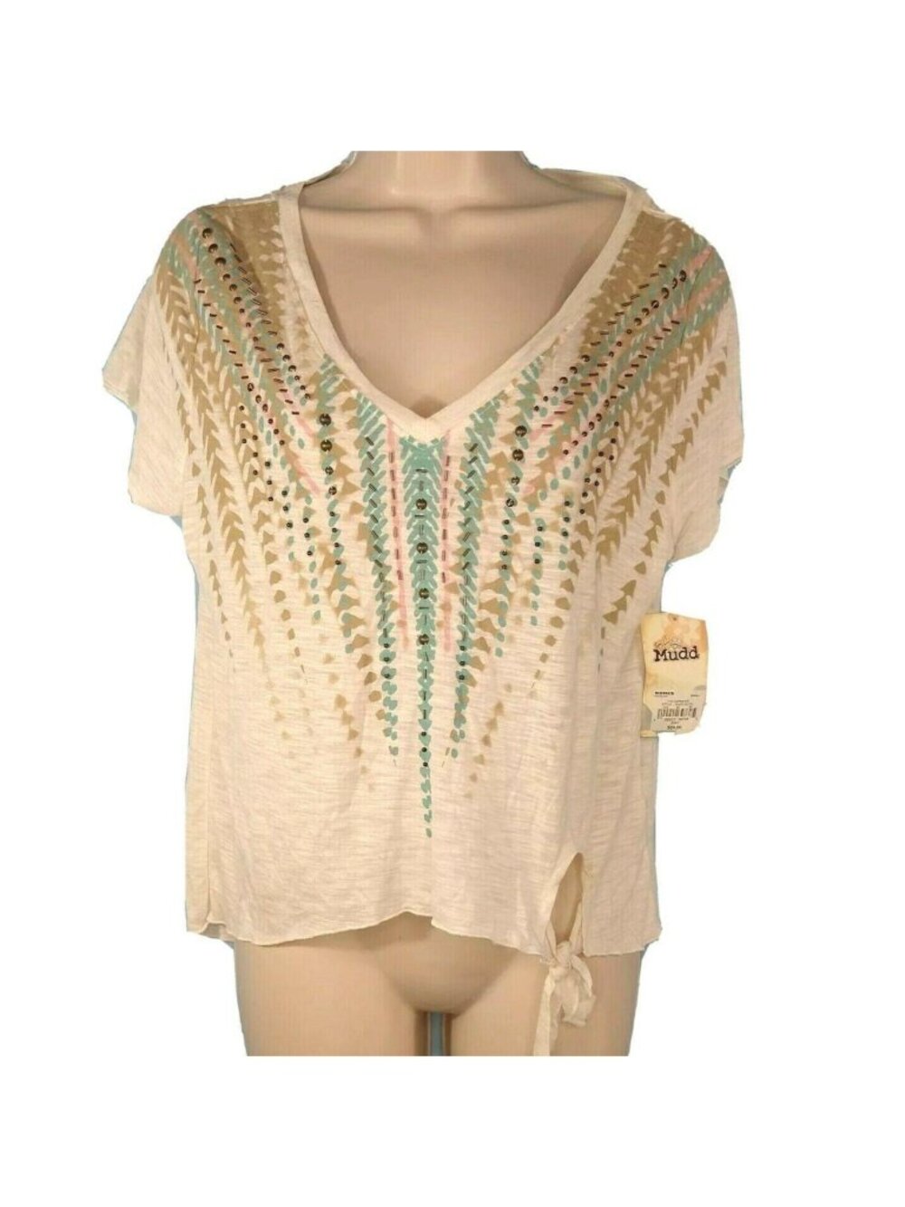Mudd V-neck Top T-Shirt Beaded Women Size S Cream Multicolor Short Sleeve NEW